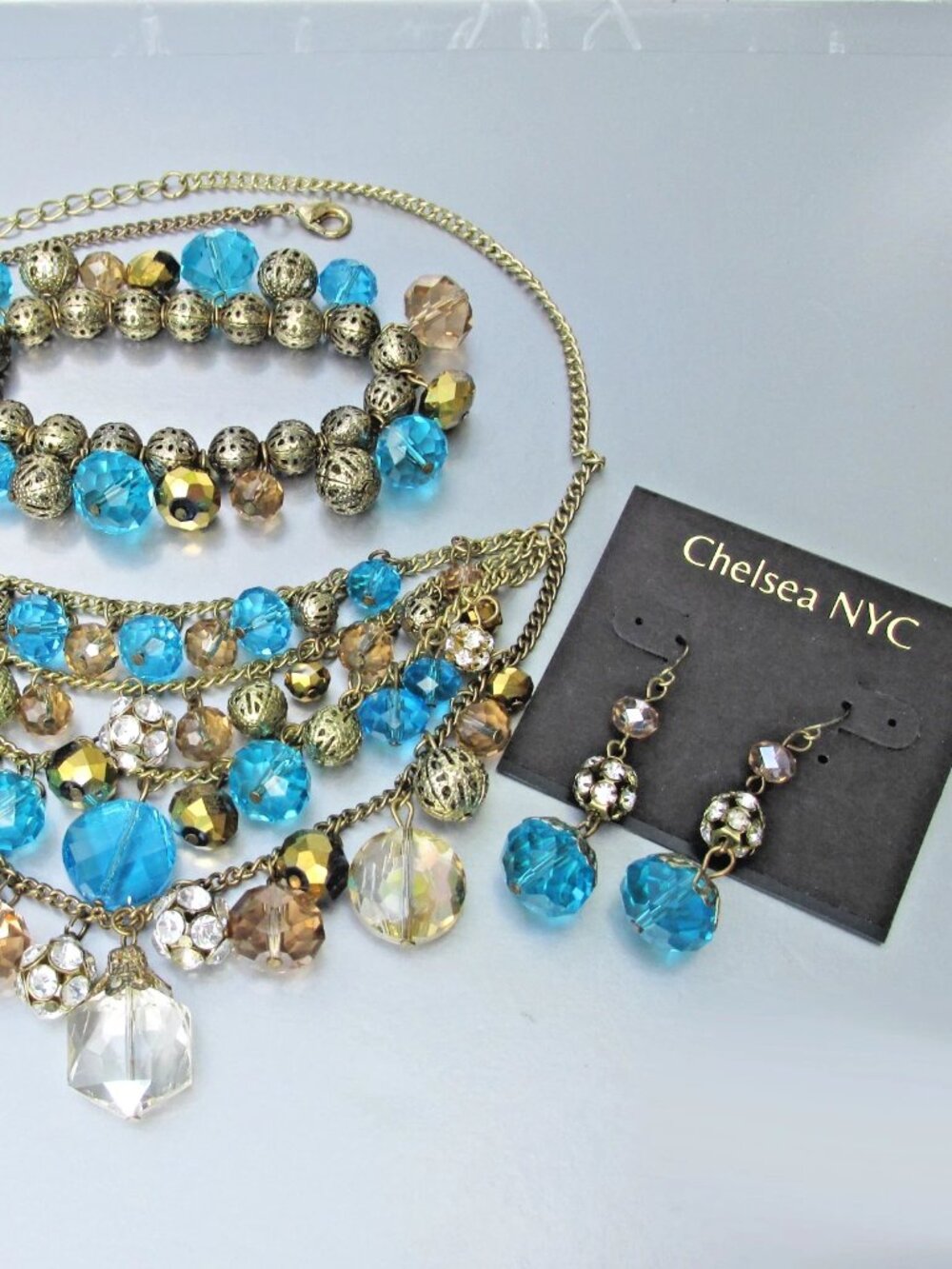 New CHELSEA NYC Blue Crystal Necklace, Bracelet, Earrings 3 Piece Party Set